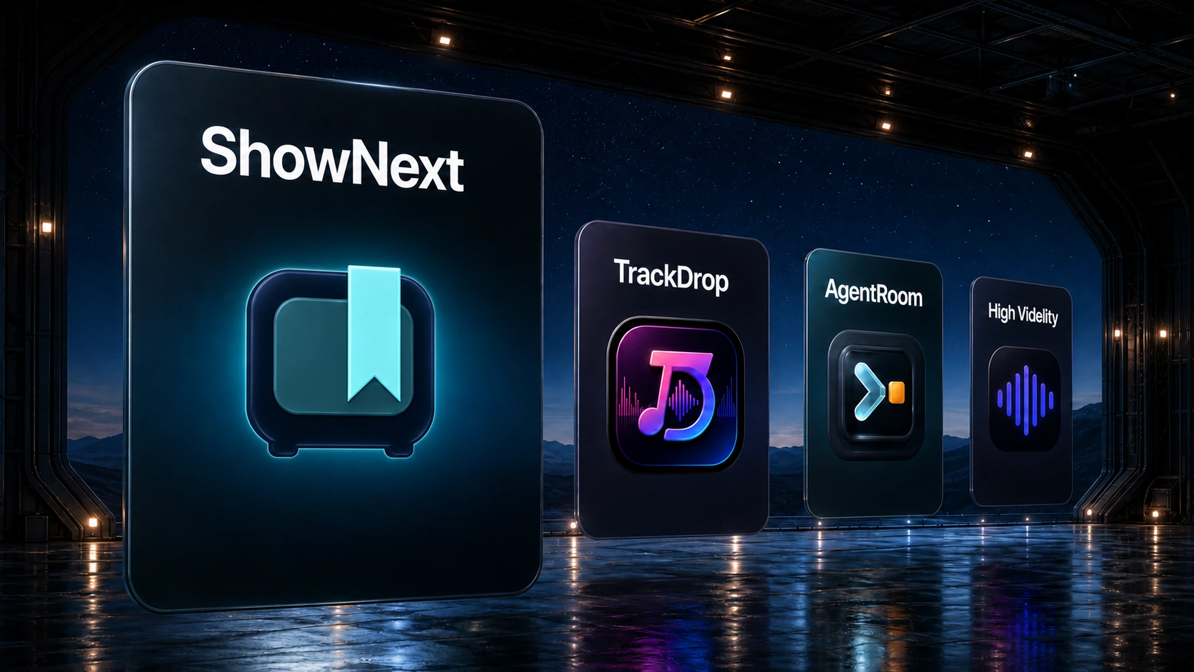 ShowNext leads a flight of community app cards into the illuminated Beta Hangar.