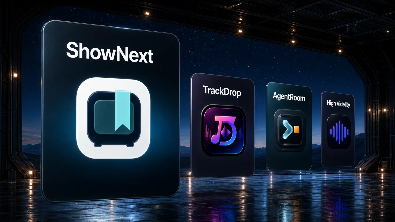 ShowNext leads a flight of community app cards into the illuminated Beta Hangar.