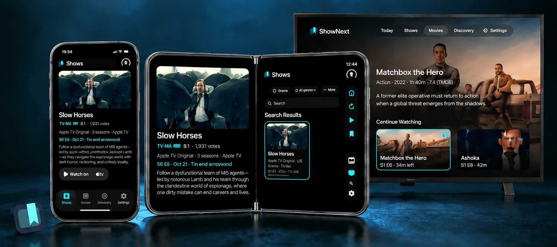 ShowNext device-lineup illustration with iPhone, Duo and Apple TV, plus the tilted ShowNext mark at bottom-left.