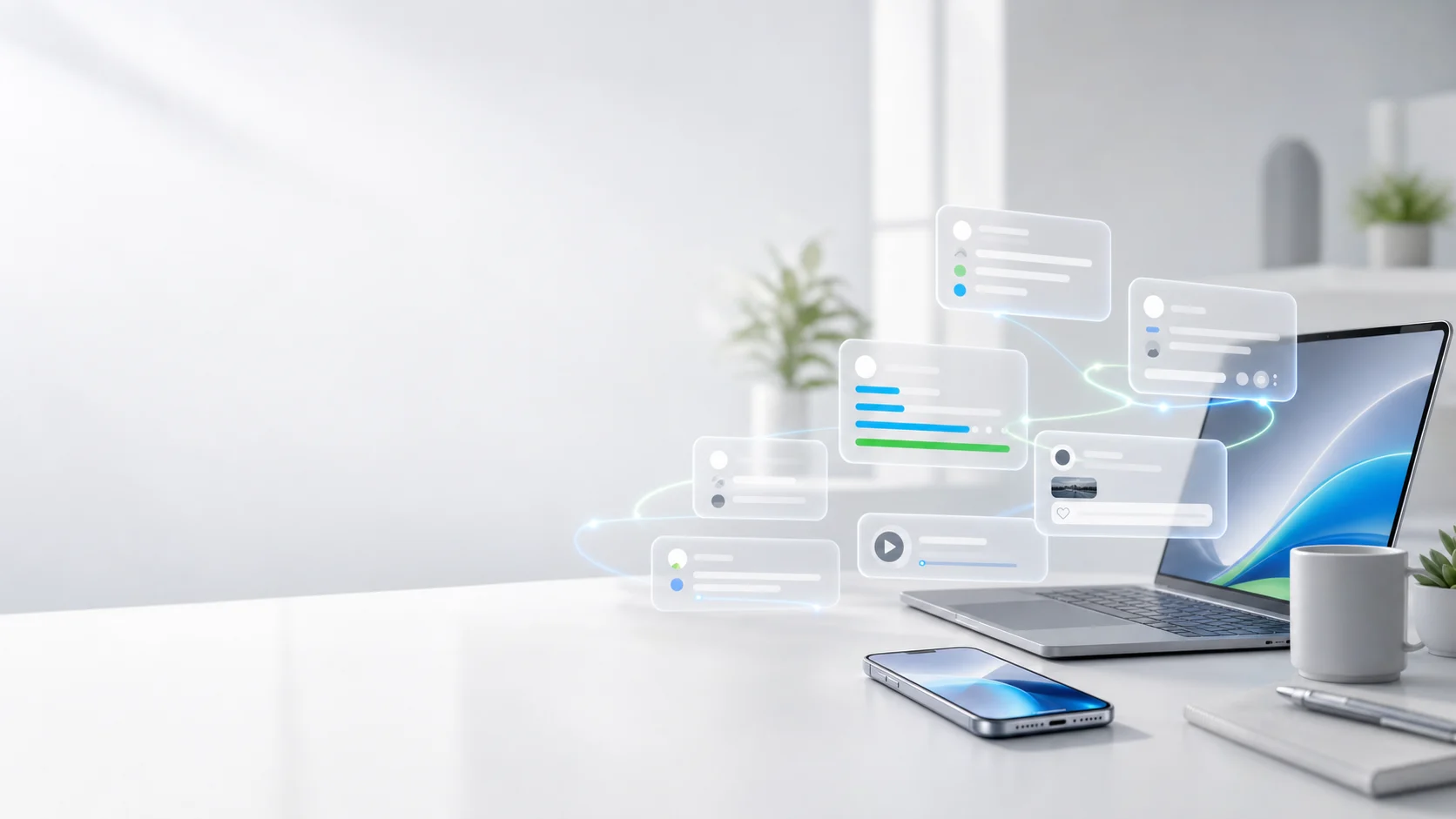 Floating social conversation cards connected across a clean technology workspace